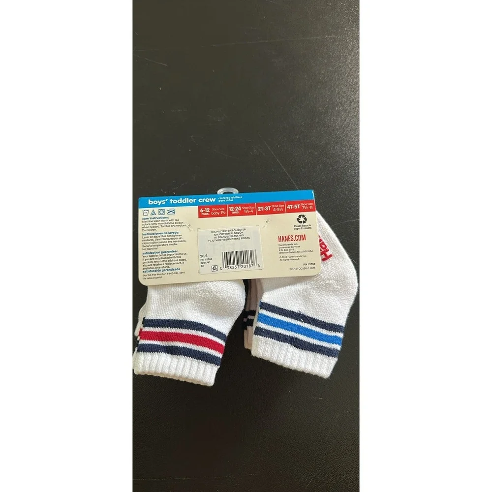Hanes 6 Pack Boys Toddler Crew Socks 6 12 Months White Red Blue Gripper Bottom